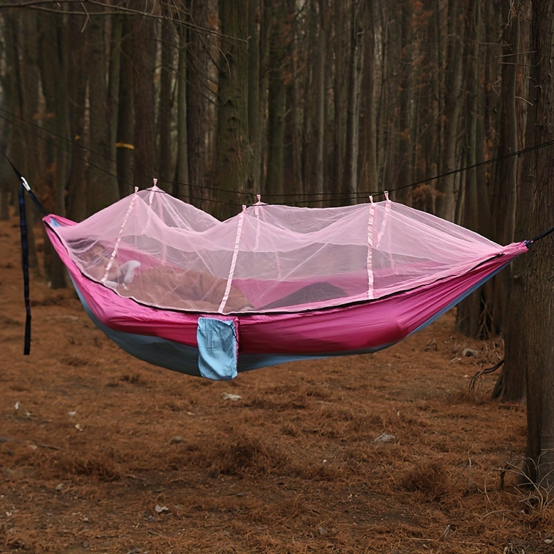 Dubbelhängmatta med antirullning och myggnät för camping utomhus och hemmabruk.