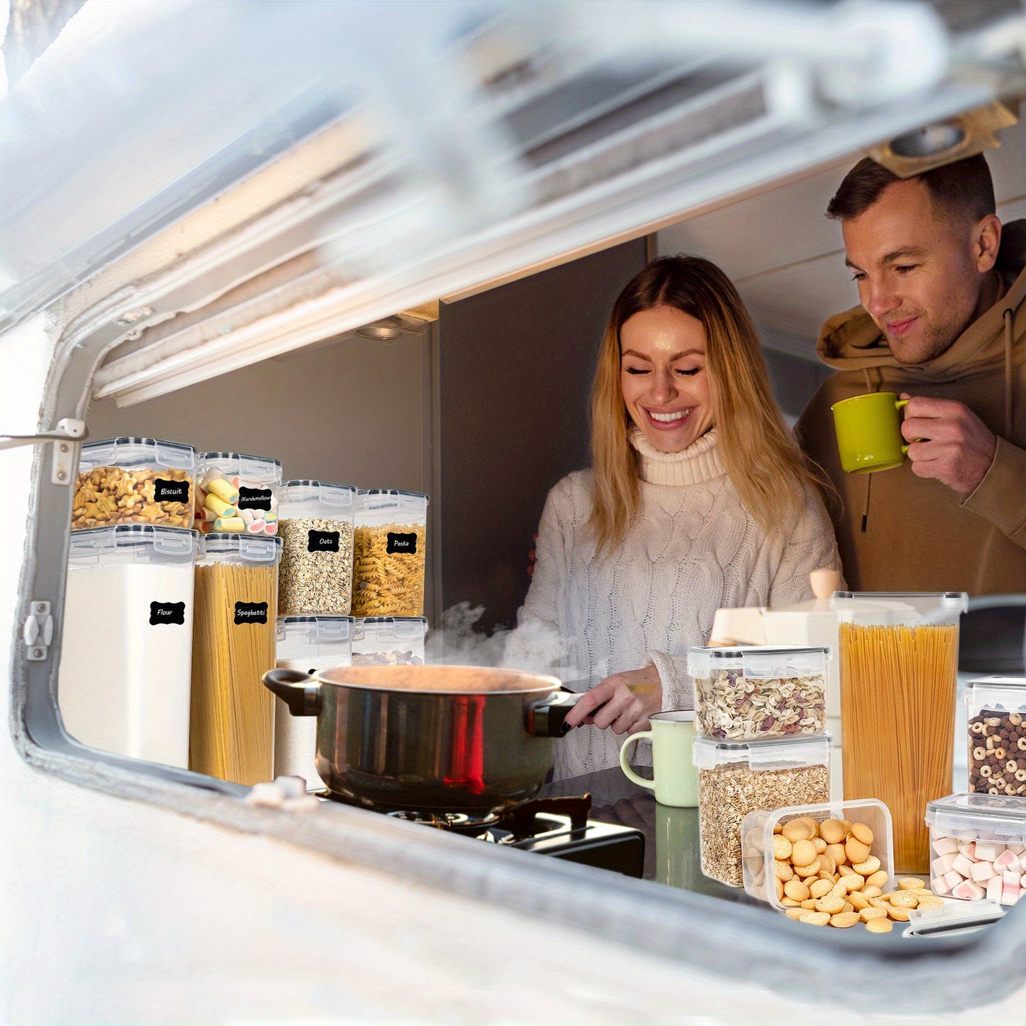 För husbilsorganisation! 4/8/10 st lufttäta matförvaringsbehållare med lock, BPA-fria plastbehållare för kök och skafferi för organisation av flingor, mjöl, socker, lämpliga husbil/husvagn
