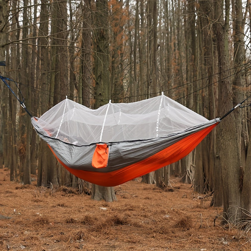 Dubbelhängmatta med antirullning och myggnät för camping utomhus och hemmabruk.