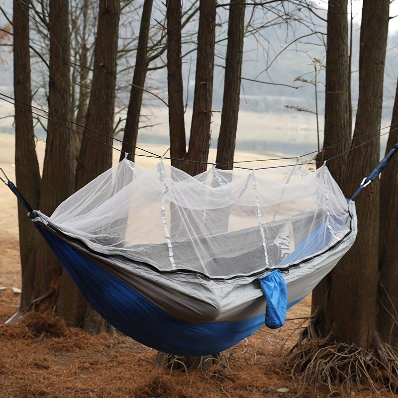 Dubbelhängmatta med antirullning och myggnät för camping utomhus och hemmabruk.