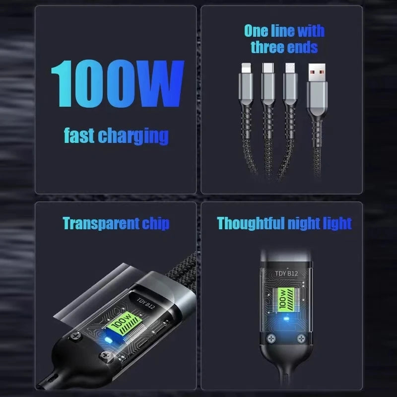 3 i 1 usb 100w kabel för snabbladdning och data mini usb typ c mikro lämpar sig för Iphone Android Xiaomi Huawei Oppo laddning