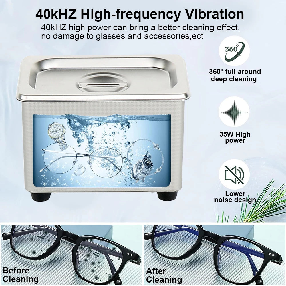 Ultraljudsrengöring 800ml Ultraljudsglasrengöring 40KHZ högfrekvent ultraljudstvättbad för smycken Rengöring av glasögon35W