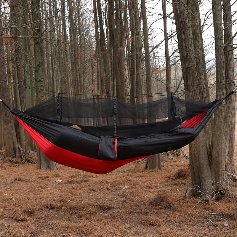 Dubbelhängmatta med antirullning och myggnät för camping utomhus och hemmabruk.