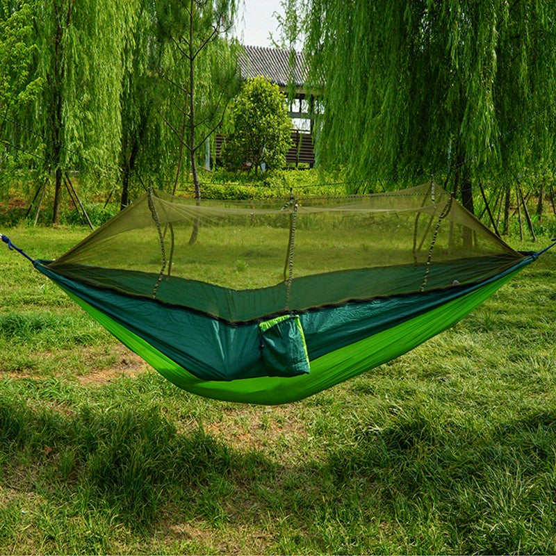 Dubbelhängmatta med antirullning och myggnät för camping utomhus och hemmabruk.