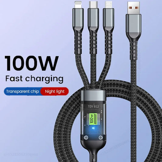 3 i 1 usb 100w kabel för snabbladdning och data mini usb typ c mikro lämpar sig för Iphone Android Xiaomi Huawei Oppo laddning