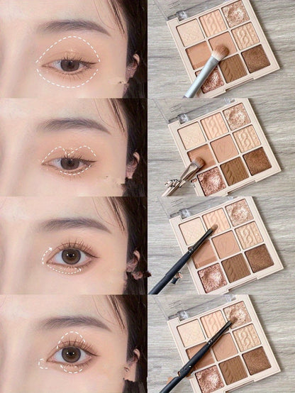 9-färgad ögonskuggspalett, matt och skimrande glitter, brunt, ögonskuggor, pulver, långvarig blandbar ögonskugga kosmetika