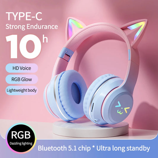 Gradient trådlösa hörlurar RGB söt kattöra Bluetooth-hörlurar med mikrofon Stereo Musik Spelhörlurar Flickor Barn Presenter