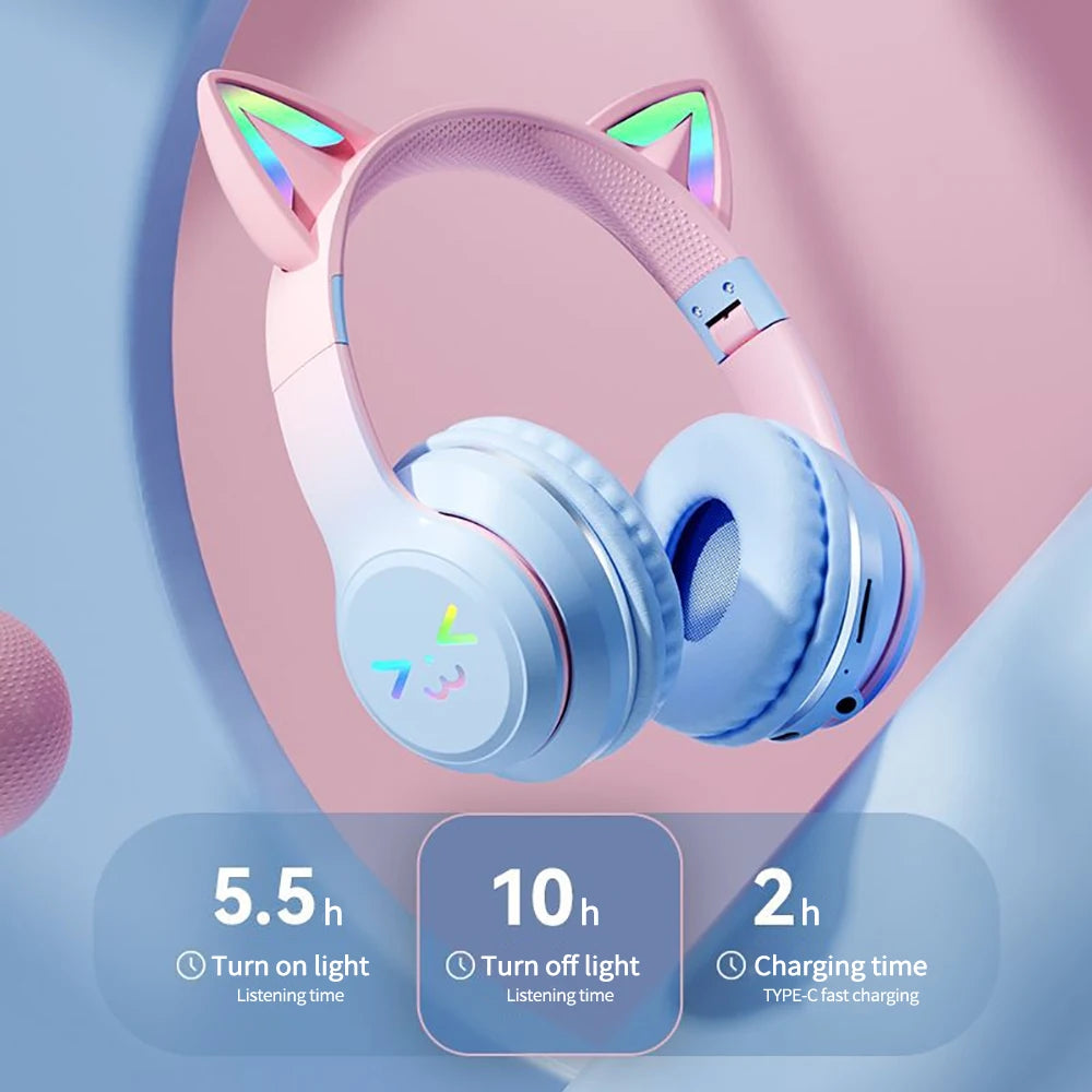 Gradient trådlösa hörlurar RGB söt kattöra Bluetooth-hörlurar med mikrofon Stereo Musik Spelhörlurar Flickor Barn Presenter