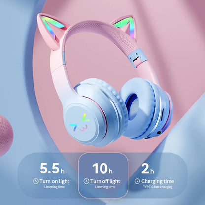 Gradient trådlösa hörlurar RGB söt kattöra Bluetooth-hörlurar med mikrofon Stereo Musik Spelhörlurar Flickor Barn Presenter