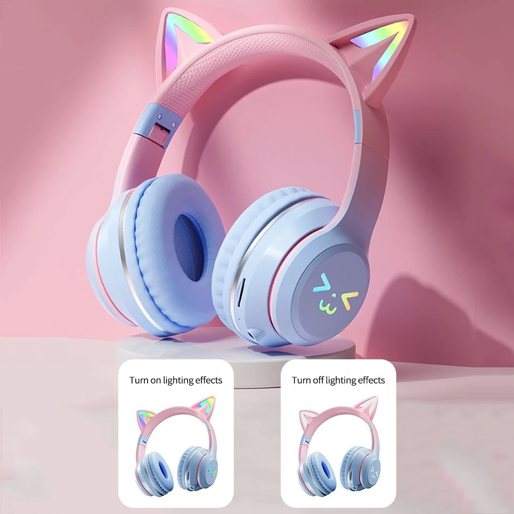 Gradient trådlösa hörlurar RGB söt kattöra Bluetooth-hörlurar med mikrofon Stereo Musik Spelhörlurar Flickor Barn Presenter